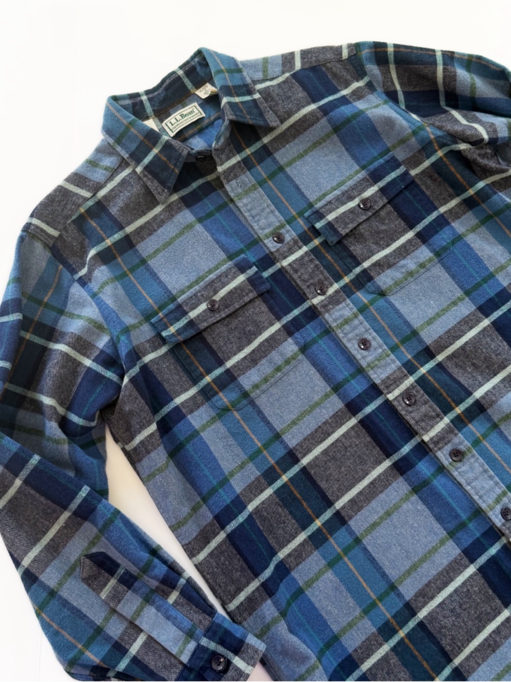 LL Bean Shirt Mens Large Vintage Blue Plaid Chamois Cloth Flannel Button Down